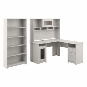 Bush Furniture - Cabot 60W L Shaped Computer Desk with Hutch and 5 Shelf Bookcase in Linen White Oak - CAB011LW