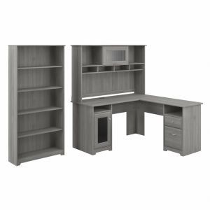 Bush Furniture - Cabot 60W L Shaped Computer Desk with Hutch and 5 Shelf Bookcase in Modern Gray - CAB011MG