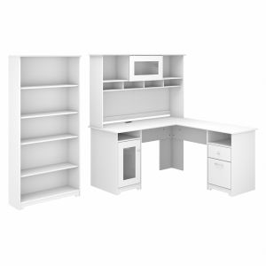 Bush Furniture - Cabot 60W L Shaped Computer Desk with Hutch and 5 Shelf Bookcase in White - CAB011WHN