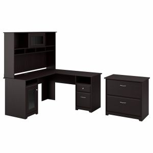 Bush Furniture - Cabot 60W L Shaped Computer Desk with Hutch and Lateral File Cabinet in Espresso Oak - CAB005EPO