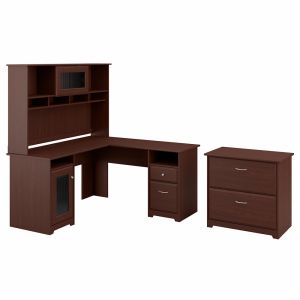 Bush Furniture - Cabot 60W L Shaped Computer Desk with Hutch and Lateral File Cabinet in Harvest Cherry - CAB005HVC
