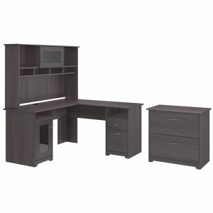 Bush Furniture - Cabot 60W L Shaped Computer Desk with Hutch and Lateral File Cabinet in Heather Gray - CAB005HRG