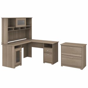 Bush Furniture - Cabot 60W L Shaped Computer Desk with Hutch and Lateral File Cabinet in Ash Gray - CAB005AG