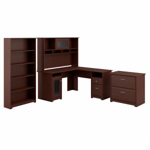 Bush Furniture - Cabot L Shaped Desk with Hutch, Lateral File Cabinet and 5 Shelf Bookcase in Harvest Cherry - CAB010HVC