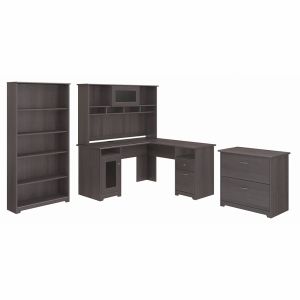 Bush Furniture - Cabot L Shaped Desk with Hutch, Lateral File Cabinet and 5 Shelf Bookcase in Heather Gray - CAB010HRG