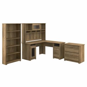 Bush Furniture - Cabot L Shaped Desk with Hutch, Lateral File Cabinet and 5 Shelf Bookcase in Reclaimed Pine - CAB010RCP