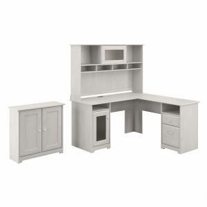 Bush Furniture - Cabot L Shaped Desk with Hutch and Small Storage Cabinet with Doors in Linen White Oak - CAB016LW