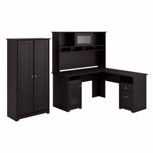 Bush Furniture - Cabot L Shaped Desk with Hutch and Tall Storage Cabinet with Doors in Espresso Oak - CAB017EPO
