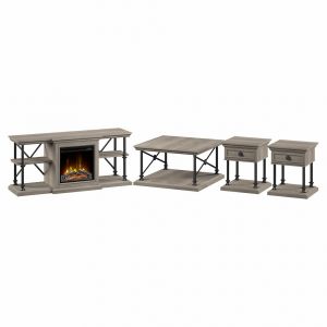Bush Furniture - Coliseum 60W Electric Fireplace TV Stand with Coffee Table and End Tables in Driftwood Gray - CSM010DG