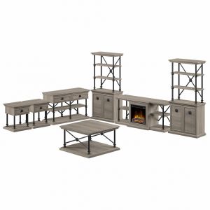 Bush Furniture - Coliseum 60W Electric Fireplace TV Stand with Bookcases and Occasional Tables in Driftwood Gray - CSM012DG