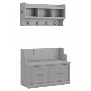 Bush Furniture - Woodland 40W Entryway Bench with Doors and Wall Mounted Coat Rack in Cape Cod Gray - WDL009CG