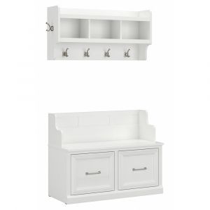 Bush Furniture - Woodland 40W Entryway Bench with Doors and Wall Mounted Coat Rack in White Ash - WDL009WAS