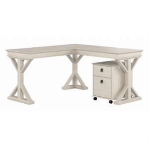 Bush Furniture - Homestead 60W L Desk w Mobile Ped in Linen White Oak - HOT002LW