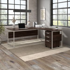 Bush Furniture - Hybrid 72W x 36D L Shaped Table Desk with 3 Drawer Mobile File Cabinet in Black Walnut - HYB010BWSU