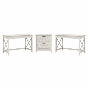 Bush Furniture - Key West 2 Person Desk Set with Lateral File Cabinet in Linen White Oak - KWS047LW