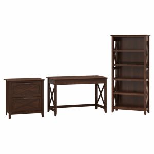 Bush Furniture - Key West 48W Writing Desk with 2 Drawer Lateral File Cabinet and 5 Shelf Bookcase in Bing Cherry - KWS004BC
