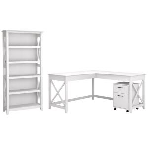 Bush Furniture - Key West 60W L Shaped Desk with 2 Drawer Mobile File Cabinet and 5 Shelf Bookcase in Pure White Oak - KWS016WT