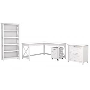 Bush Furniture - Key West 60W L Shaped Desk with File Cabinets and 5 Shelf Bookcase in Pure White Oak - KWS017WT