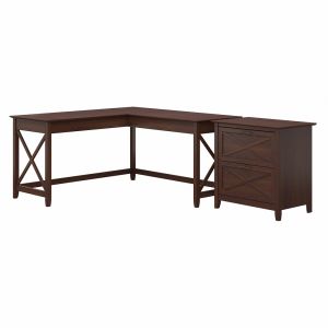 Bush Furniture - Key West 60W L Shaped Desk with 2 Drawer Lateral File Cabinet in Bing Cherry - KWS014BC