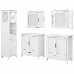 Bush Furniture - Key West 64W Double Vanity Set with Sinks, Medicine Cabinets and Linen Tower in White Ash - KWS044WAS