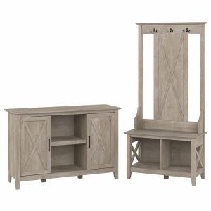 Bush Furniture - Key West Entryway Storage Set with Hall Tree, Shoe Bench and 2 Door Cabinet in Washed Gray - KWS054WG