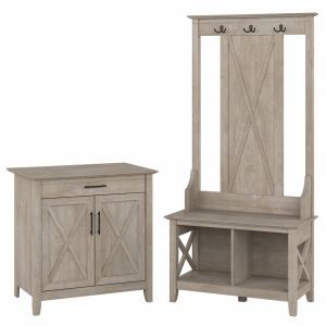 Bush Furniture - Key West Entryway Storage Set with Hall Tree, Shoe Bench and Armoire Cabinet in Washed Gray - KWS055WG