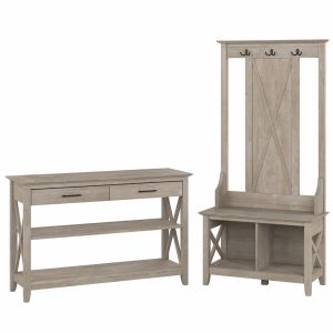 Bush Furniture - Key West Entryway Storage Set with Hall Tree, Shoe Bench and Console Table in Washed Gray - KWS056WG