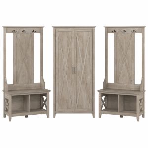 Bush Furniture - Key West Entryway Storage Set with Hall Tree, Shoe Bench and Tall Cabinet in Washed Gray - KWS057WG