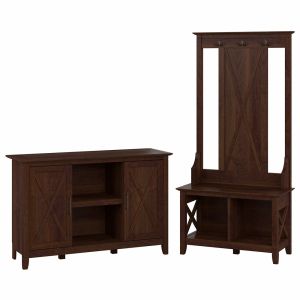 Bush Furniture - Key West Entryway Storage Set with Hall Tree, Shoe Bench and 2 Door Cabinet in Bing Cherry - KWS054BC