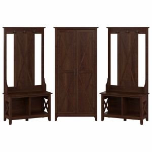 Bush Furniture - Key West Entryway Storage Set with Hall Tree, Shoe Bench and Tall Cabinet in Bing Cherry - KWS057BC
