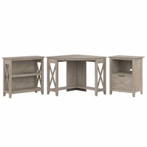 Bush Furniture - Key West Small Corner Desk with Bookcase and Lateral File Cabinet in Washed Gray - KWS050WG