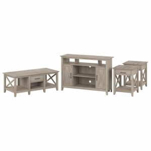 Bush Furniture - Key West Tall TV Stand for 55 Inch TV with Coffee Table and End Tables in Washed Gray - KWS071WG