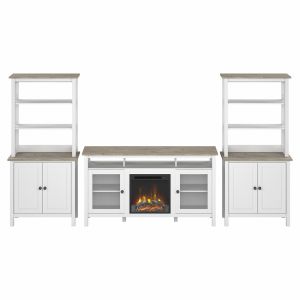 Bush Furniture - Mayfield Fireplace TV Stand w Storage Bookcases in Shiplap Gray/Pure White - MAY029GW2