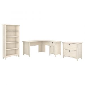Bush Furniture - Salinas 60W L Shaped Desk with Lateral File Cabinet and Bookcase in Antique White - SAL003AW