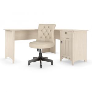 Bush Furniture - Salinas 60W L Shaped Desk with Mid Back Tufted Office Chair in Antique White - SAL010AW