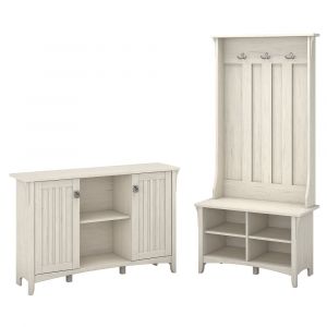 Bush Furniture - Salinas Entryway Storage Set with Hall Tree, Shoe Bench and Cabinet in Antique White - SAL008AW