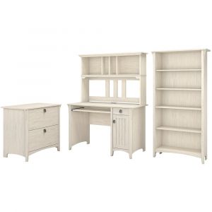 Bush Furniture - Salinas Mission Desk with Hutch, File Cabinet and 5 Shelf Bookcase in Antique White - SAL002AW