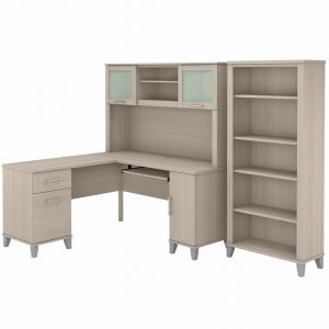 Bush Furniture - Somerset 60W L Desk with Hutch and Bookcase in Sand Oak - SET010SO