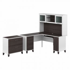 Bush Furniture - Somerset 60W L Shaped Desk with Hutch and Lateral File Cabinet in White and Storm Gray - SET008SGWH