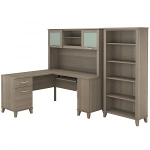 Bush Furniture - Somerset 60W L Shaped Desk with Hutch and 5 Shelf Bookcase in Ash Gray - SET010AG