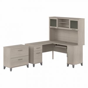 Bush Furniture - Somerset 60W L Shaped Desk with Hutch and Lateral File Cabinet in Sand Oak - SET008SO