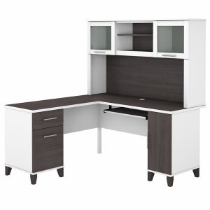 Bush Furniture - Somerset 60W L Shaped Desk with Hutch in White and Storm Gray - SET002SGWH