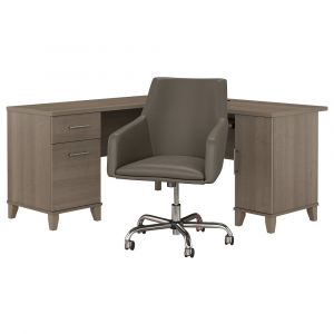 Bush Furniture - Somerset 60W L Shaped Desk with Mid Back Leather Box Chair in Ash Gray - SET022AG