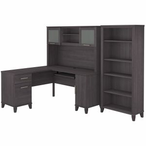 Bush Furniture - Somerset 60W L Shaped Desk with Hutch and 5 Shelf Bookcase in Storm Gray - SET010SG