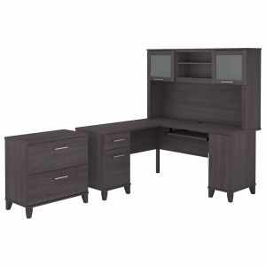 Bush Furniture - Somerset 60W L Shaped Desk with Hutch and Lateral File Cabinet in Storm Gray - SET008SG