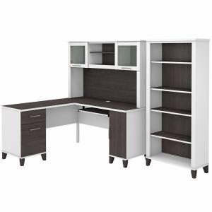 Bush Furniture - Somerset 60W L Shaped Desk with Hutch and 5 Shelf Bookcase in White and Storm Gray - SET010SGWH