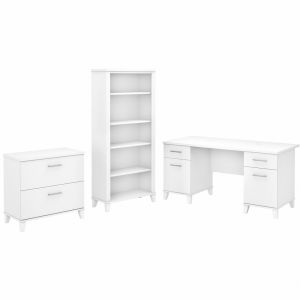 Bush Furniture - Somerset 60W Office Desk with Lateral File Cabinet and 5 Shelf Bookcase in White - SET013WH