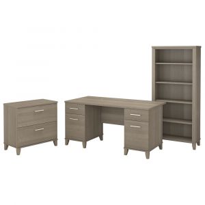 Bush Furniture - Somerset 60W Office Desk with Lateral File Cabinet and 5 Shelf Bookcase in Ash Gray - SET013AG