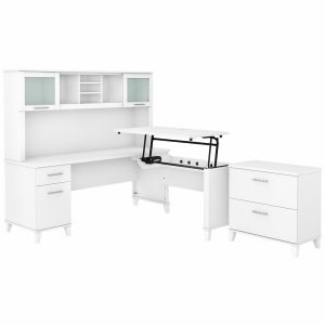 Bush Furniture - Somerset 72W 3 Position Sit to Stand L Shaped Desk with Hutch and File Cabinet in White - SET016WH