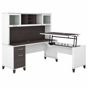 Bush Furniture - Somerset 72W 3 Position Sit to Stand L Shaped Desk with Hutch in White and Storm Gray - SET015SGWH